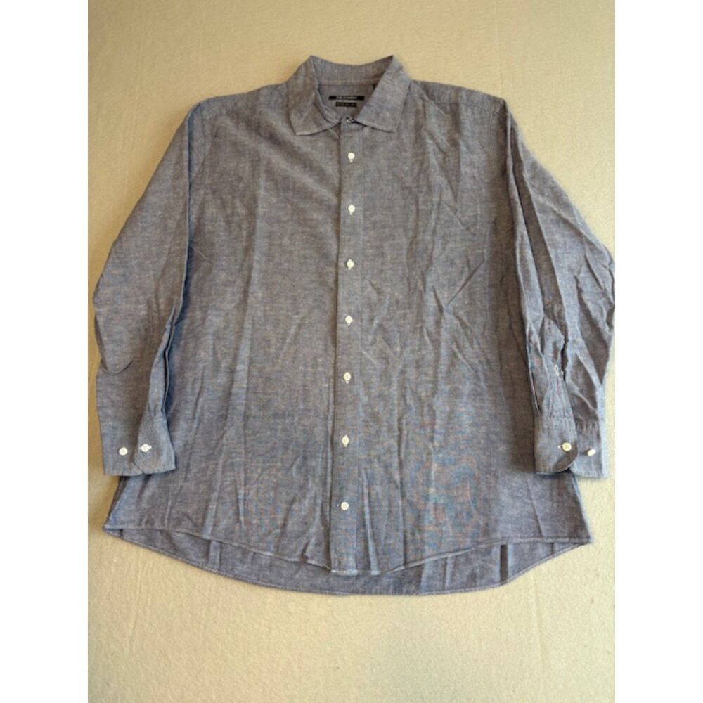 Indochino Mens L Button Down Dress Shirt Cotton Linen Blend Blue Chambray